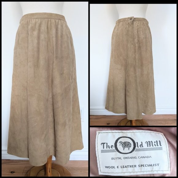 Beige A-line Suede Midi Skirt - Picture 1 of 4